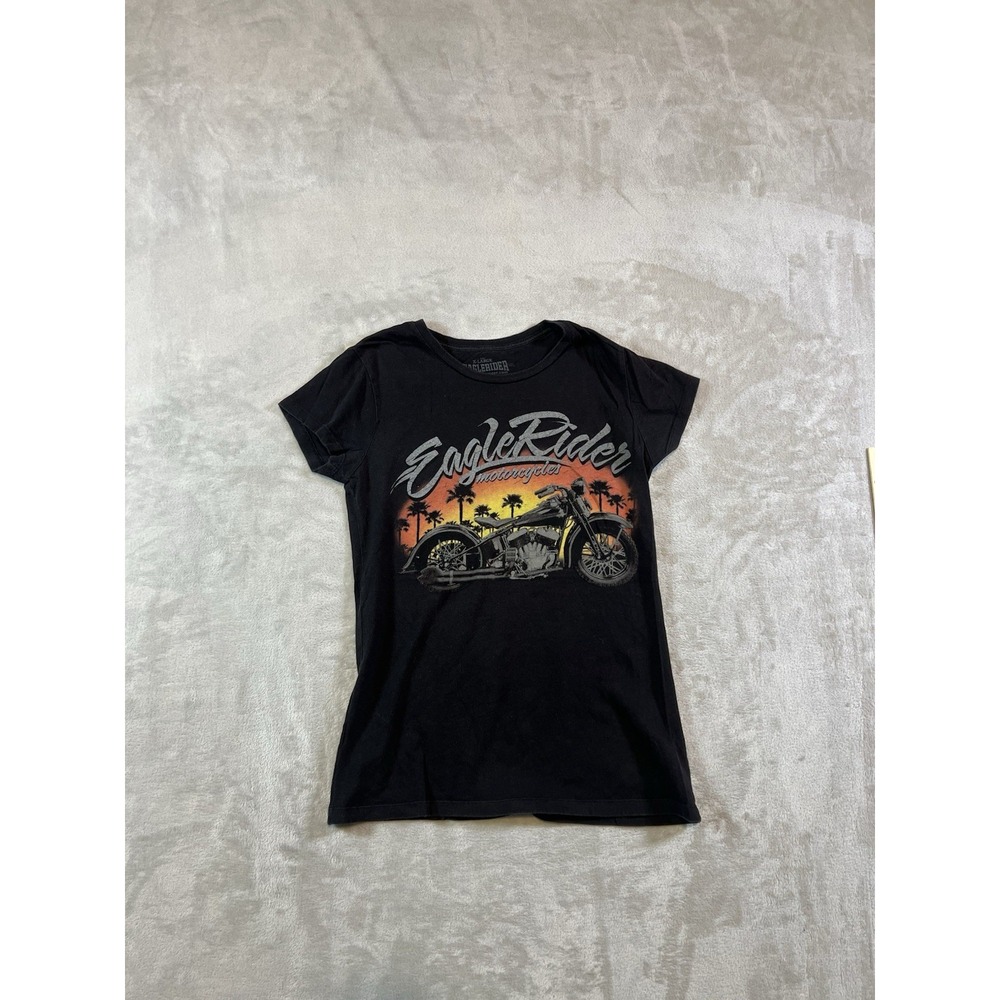 Eagle Rider Women's Black Motorcycle Biker Sunset Graphic Tee Size XL U.S.A Made